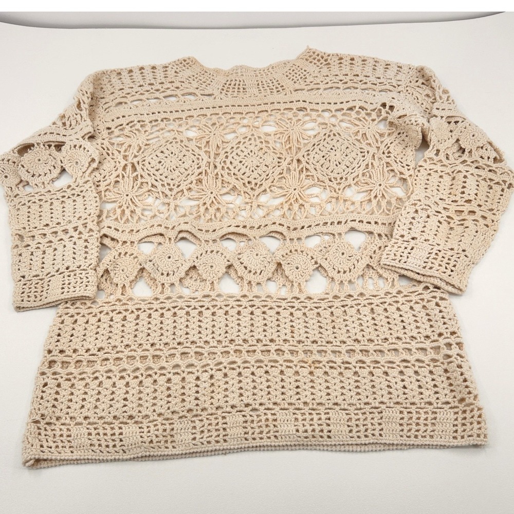 Wms Vintage Crochet Lace Top M Beige Floral Boho Festival Cottagecore - Picture 2 of 8